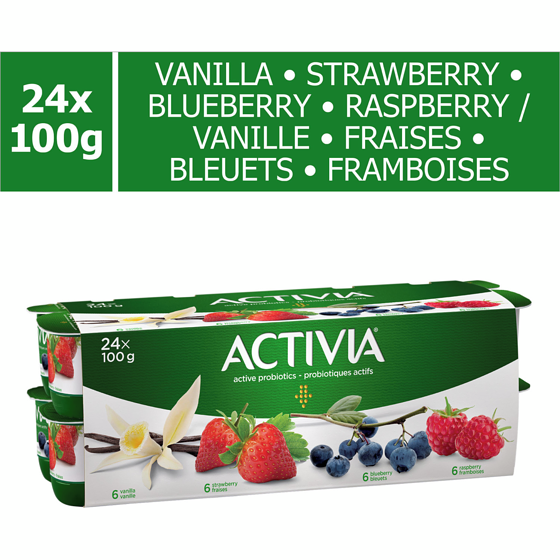 Activia Probiotic Yogurt, Strawberry, Raspberry, Vanilla, Blueberry Flavour 24x100.0 g, $0.52/100g