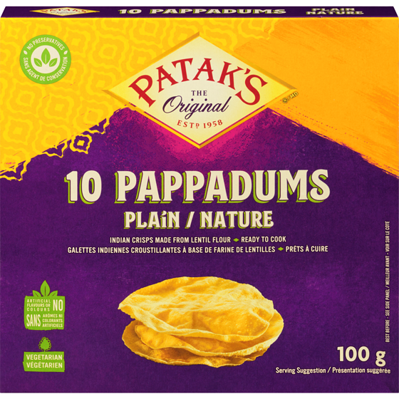 Pataks Pappadums Plain 100 g, $4.29/100g