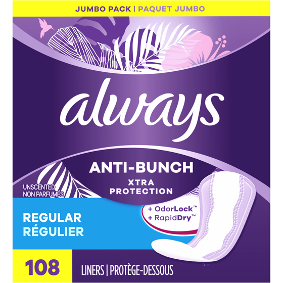 Always Protège-dessous quotidiens Anti-Bunch Xtra Protection, réguliers, non parfumés, 108 protège-dessous 108 ea, 0,13 $/1ch