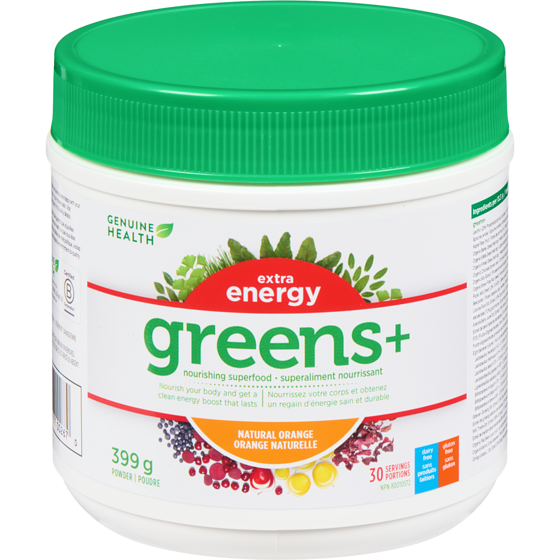 Genuine Health Greens+ Extra Energy Superfood, Natural Orange, Non GMO 399 g, $19.05/100g