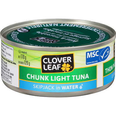 Clover Leaf Chunk Light Tuna, Skip Jack In Water 170 g, $1.18/100g