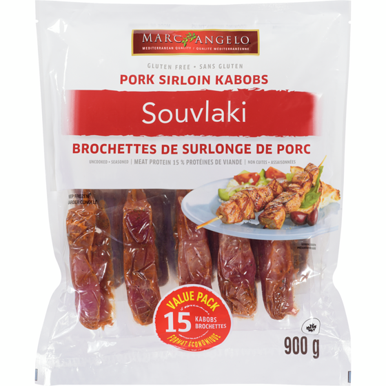 null Pork Sirloin Kabobs Souvlaki, Seasoned & Uncooked, 15 Kabobs 900 g, $1.94/100g