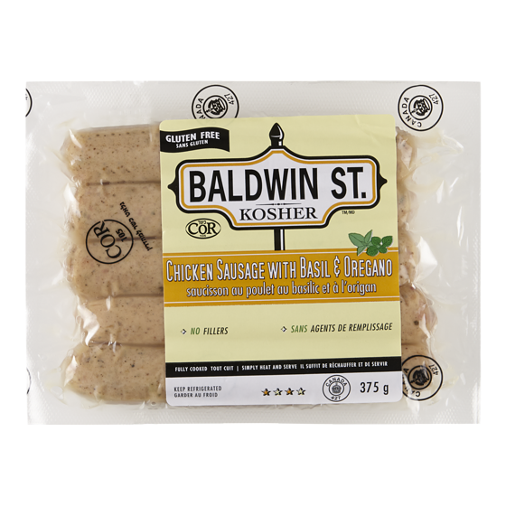 Baldwin St. Kosher Chicken Sausage with Basil 375 g, $3.20/100g