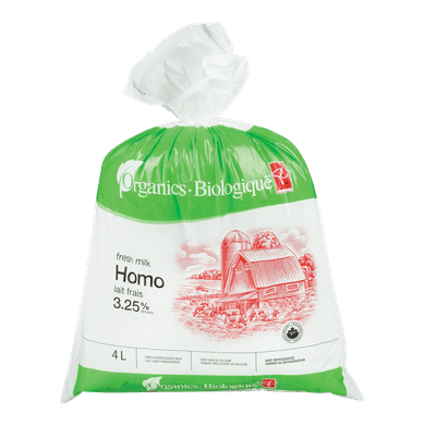 PC Biologique Lait Homogénéisé 3,25 % M.G. 4 l, 0,29 $/100ml