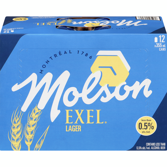 Molson Exel Lager 0.5% 12x355.0 ml, $0.30/100ml