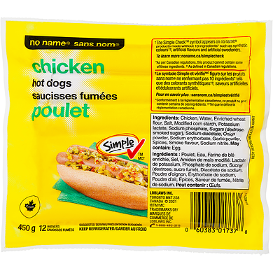 Sans Nom Hot-dogs au poulet 450 g, 0,56 $/100g