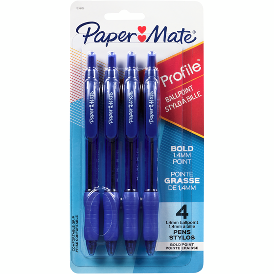 PaperMate Stylos à bille rétractable PaperMate Profile, pointe grasse, corps translucide, encre bleue, paq. 4 4x1.0 ea, 1,63 $/1ch