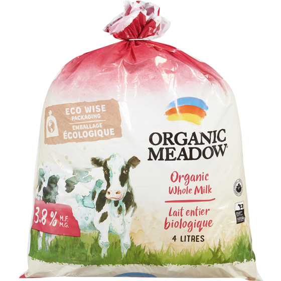 Organic Meadow Whole 3.8% Milk 4 l, $0.31/100ml