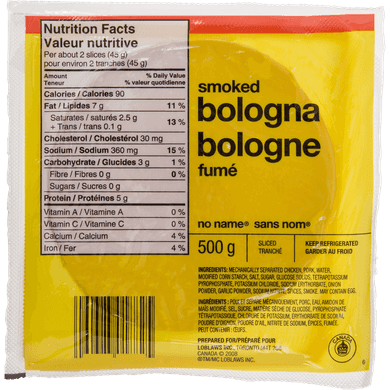 Sans Nom Bologne en tranches 500 g, 9,98 $/1kg 1,00 $/100g
