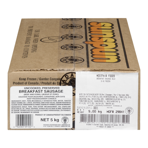 Sunspun Breakfast Sausages, Frozen, case 5 kg, $0.96/100g