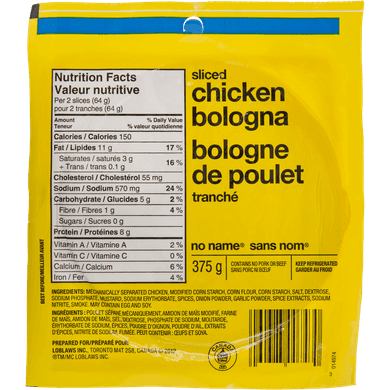 Sans Nom Bologne de poulet tranché 375 g, 8,00 $/1kg 0,80 $/100g