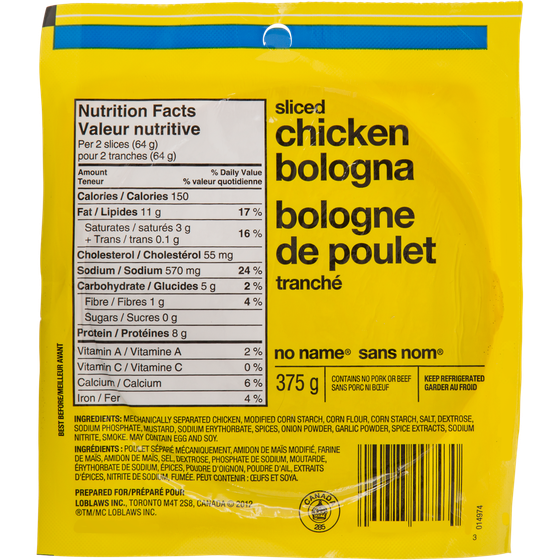 No Name Chicken Bologna Slices 375 g, $5.33/1kg $0.53/100g