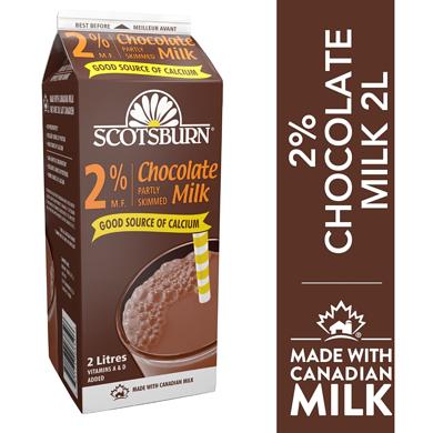 Scotsburn 2% Chocolate Partly Skimmed Milk 2 l, $0.25/100ml