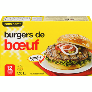Sans Nom Burgers de bœuf 1.36 kg, 1,62 $/100g