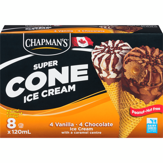 Chapmans Super Cone Chocolate and Vanilla Ice Cream with Caramel Centre 8x120.0 ml, $0.88/100ml