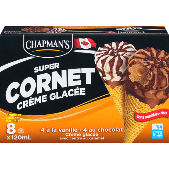 Chapman’s Super Cornet crème glacée chocolate et vanille avec centre caramel 8x120.0 ml, 1,04 $/100ml