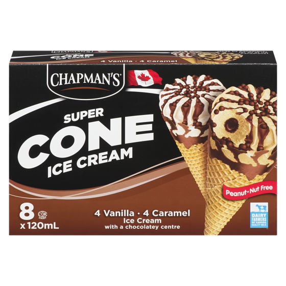 Chapmans Super Cone Caramel and Vanilla Ice Cream with Chocolate Centre 8x120.0 ml, $0.94/100ml