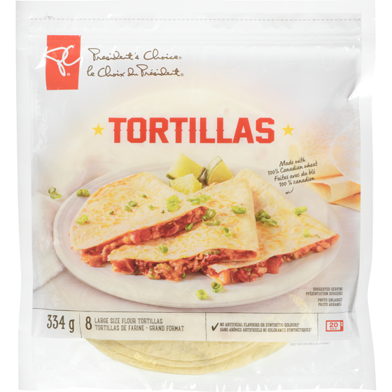 le Choix du Président Tortillas de farine, grand format 334 g, 0,99 $/100g