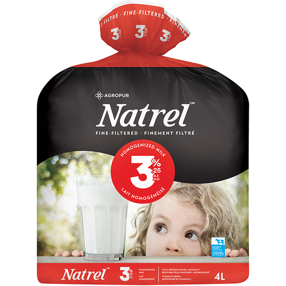 Natrel Fine-Filtered 3.25% Homogenized Milk (Bags) 4 l, $0.21/100ml