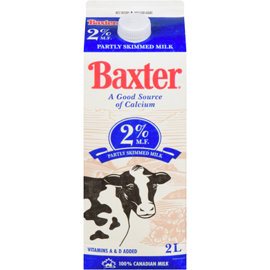 Baxter 2% Partly Skimmed Milk 2 l, $0.24/100ml