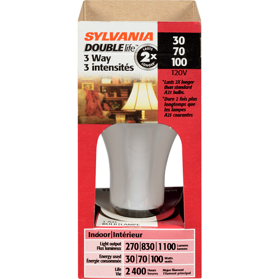 Sylvania Ampoule Double Life de 30 W/70 W/100 W à 3 intensités 1 ea, 6,00 $/1ch