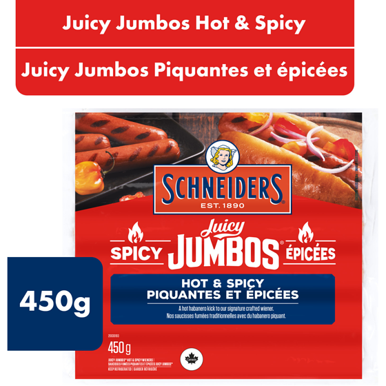 Schneiders Juicy Jumbos Hot & Spicy Hot Dogs 450 g, $2.22/100g