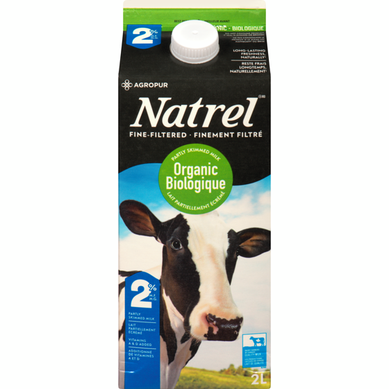 Natrel Lait biologique finement filtré 2 % Natrel 2 l, 0,39 $/100ml