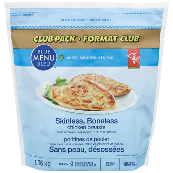 PC Blue Menu Skinless Boneless Chicken Breasts Club Size 1.36 kg, $2.21/100g