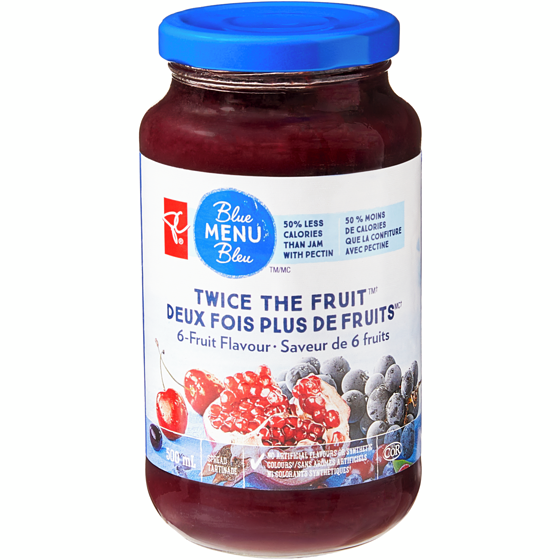 PC Blue Menu Twice the Fruit™ 6-Fruit Flavour Spread 500 ml, $1.50/100ml