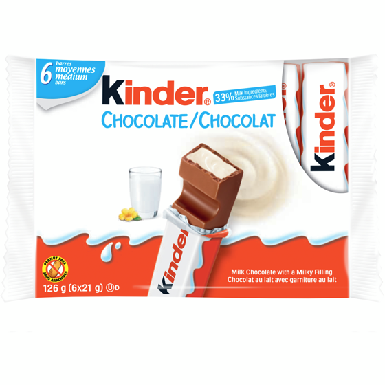 Kinder CHOCOLATE/CHOCOLAT bar, Milk Chocolate Candy bar with a Milky Filling, 6-Pack, Individually Wrapped bars, 6 126 g, $4.36/100g