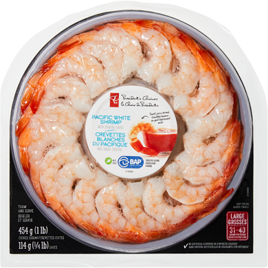 le Choix du Président Crevettes blanches du Pacifique avec sauce cocktail douce 568 g, 4,14 $/100g