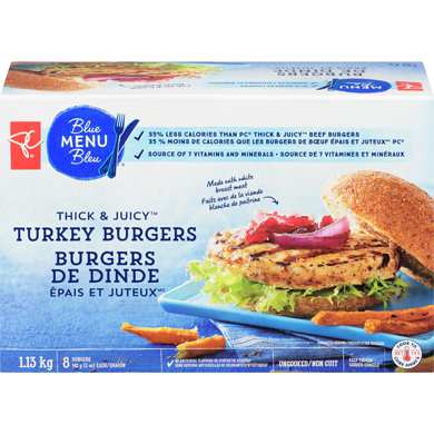 PC Menu Bleu Burgers de dinde épais et juteux Menu bleu 1.13 kg, 1,77 $/100g