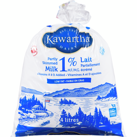 Kawartha 1% Milk 4 l, $0.18/100ml