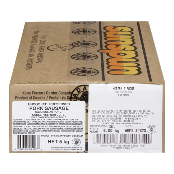 Sunspun Pork Sausage, Frozen, case 5 kg, $0.96/100g