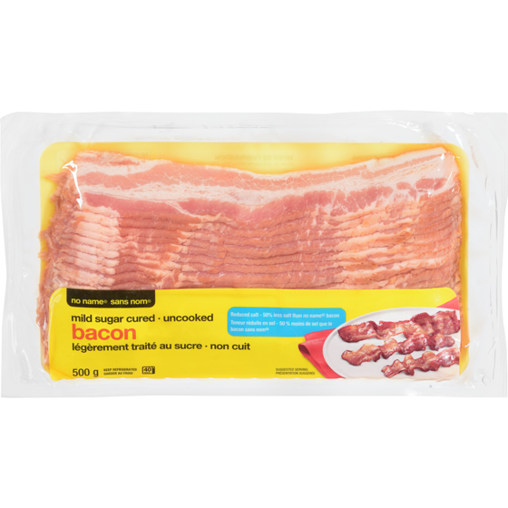 Sans Nom Bacon 50% moins de sel légèrement traité au sucre 500 g, 1,50 $/100g