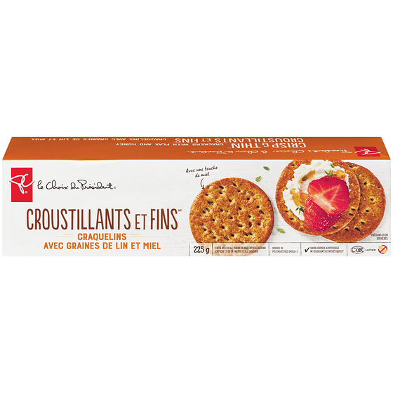 le Choix du Président Craquelins croustillants et fins avec graines de lin et miel 225 g, 1,55 $/100g