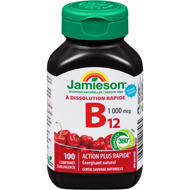 Jamieson Comprimés sublingual Vitamine B12 (Méthylcobalamine) à dissolution rapide 1 000 mcg 100 ea, 0,19 $/1ch