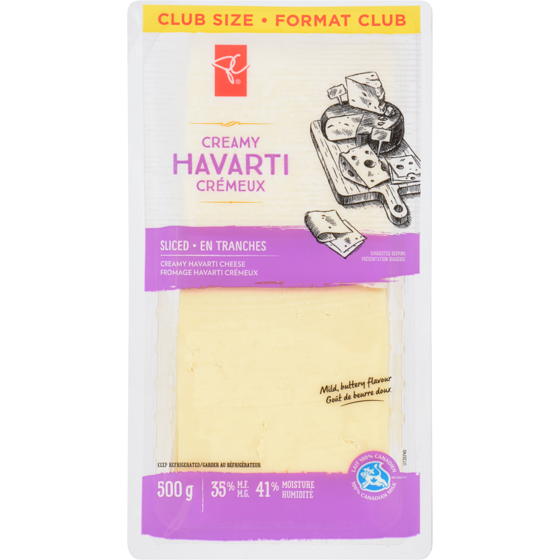 President's Choice Creamy Havarti Cheese Sliced 32% M.F. Club Pack 500 g, $3.00/100g
