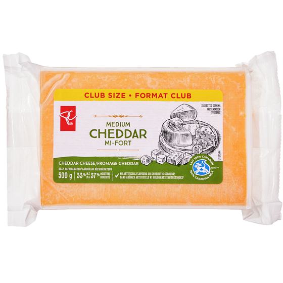 President's Choice Medium Cheddar Cheese Block, Club Pack 500 g, $2.80/100g