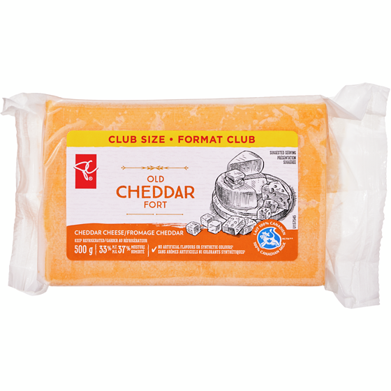 le Choix du Président Fromage Cheddar Fort Coloré, format Club 500 g, 2,80 $/100g