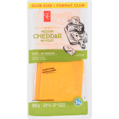 President's Choice Cheddar Cheese Sliced Medium 33% M.F. Club Pack 500 g, $3.00/100g