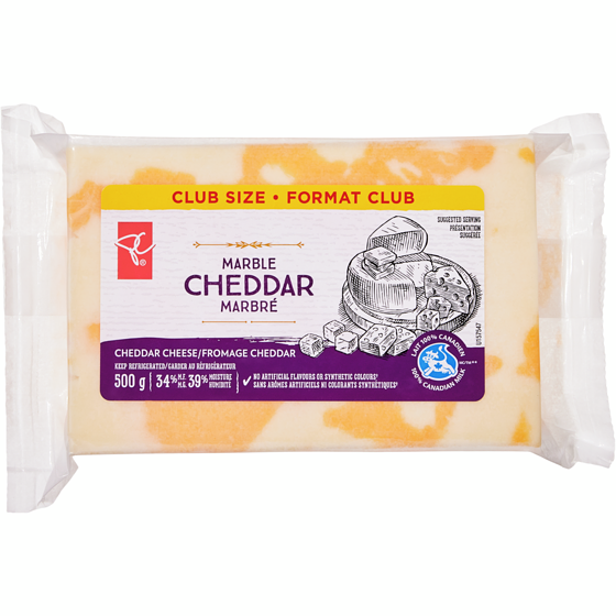 le Choix du Président Bloc de fromage Cheddar Marbré, Format Club 500 g, 2,80 $/100g