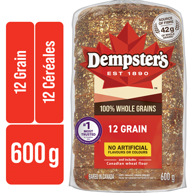 Dempster’s Pain à 100 % de grains entiers aux 12 céréales 600 g, 0,92 $/100g