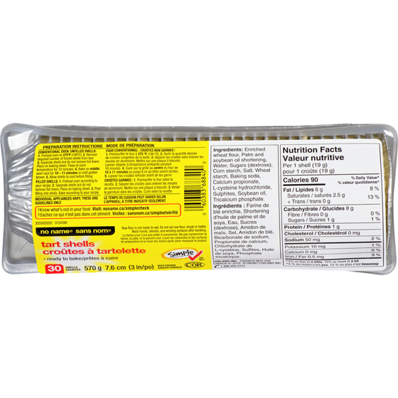 No Name Ready-to-Bake Tart Shells 570 g, $1.32/100g