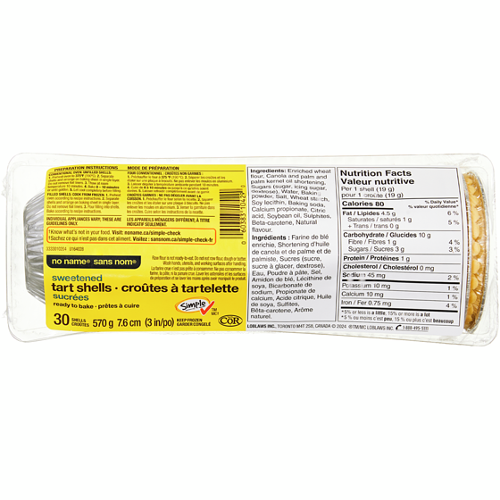 No Name Sweetened Tart Shells 570 g, $0.88/100g