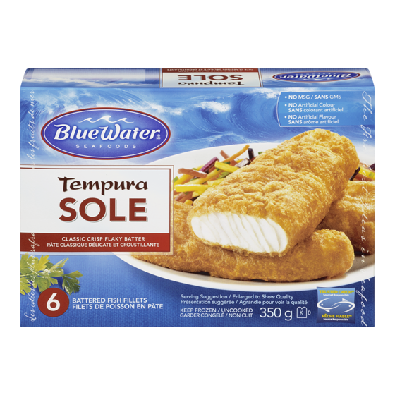 BlueWater Seafoods Filets de sole Tempura, Sole sauvage, Congelé, 6 morceaux 350 g, 2,85 $/100g