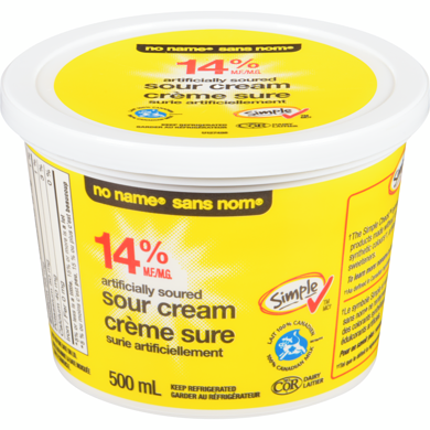 Sans Nom Produit de crème sure suri artificiellement, 14 % M.G. 500 ml, 0,76 $/100ml