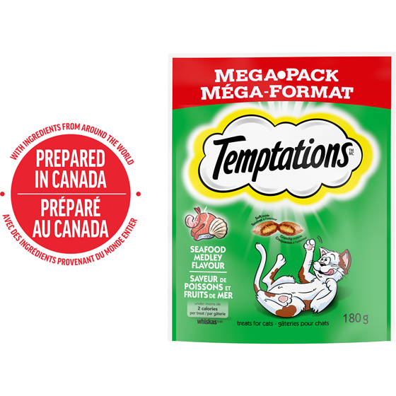 Temptations Gâteries pour chats adultes saveur de poissons et fruits de mer 180 g, 1,94 $/100g
