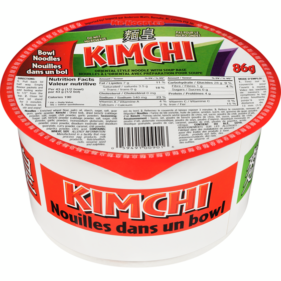 Mr Noodles Nouilles au kimchi dans un bol 86 g, 1,74 $/100g