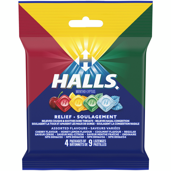 Halls saveurs assorties, soulagement des maux de gorge, 9 unités, 4 paquets 4 ea, 1,50 $/1ch